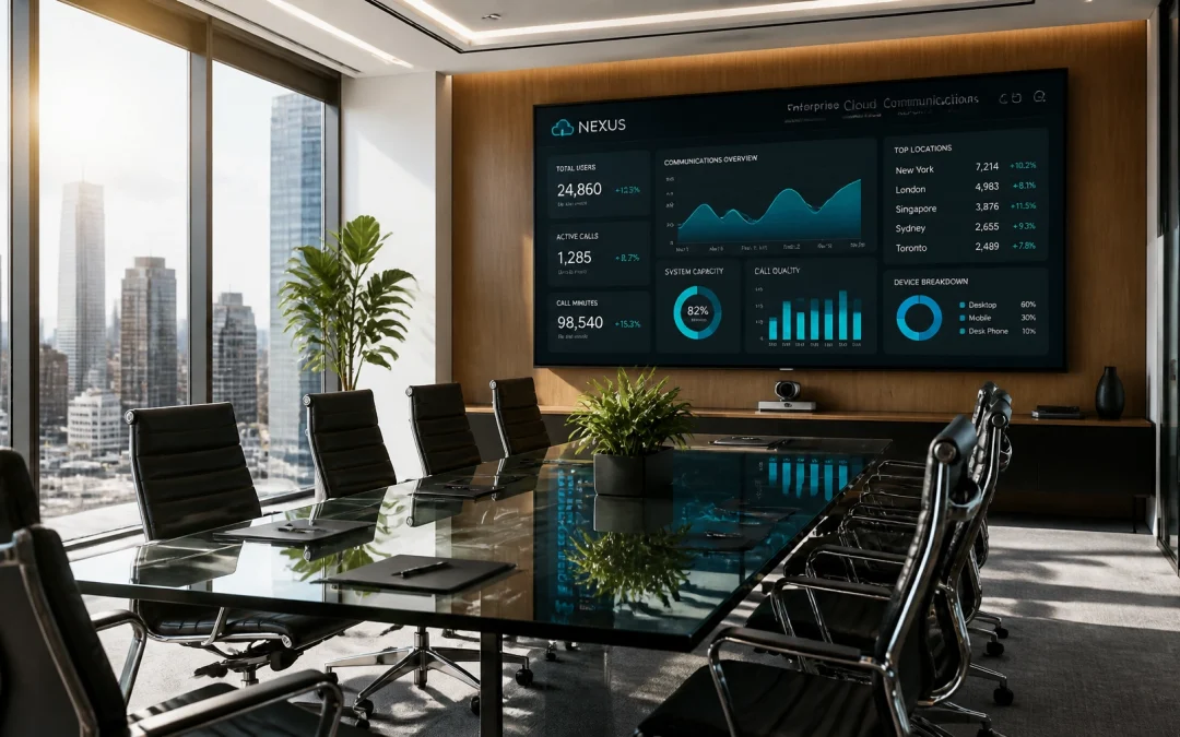 Executive conference room with a cloud communications dashboard displaying call activity and performance metrics